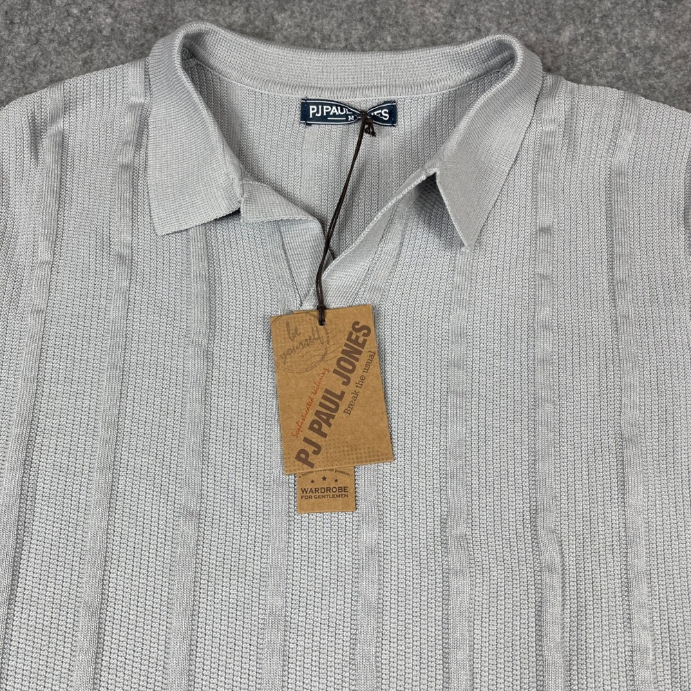 PJ Paul Jones Knit Polo Shirt Mens Med Grey Retro Vintage Style Vertical Stripe
